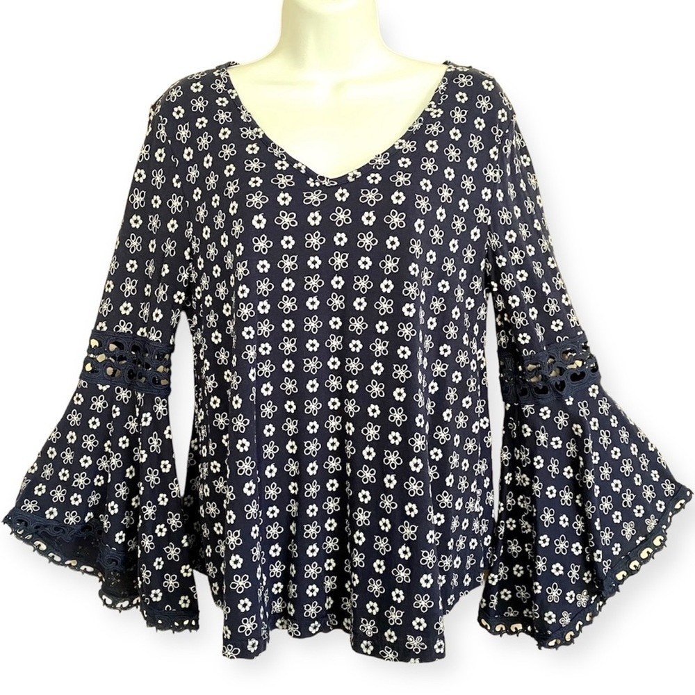 Navy Blue White Bell Sleeves Blouse Top Size Medium  Peasant Boho Cottagecore